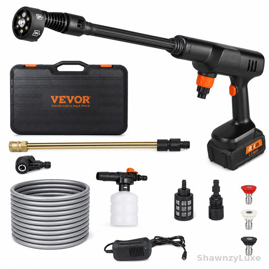 Battery powered pressure washer cleaning car exterior