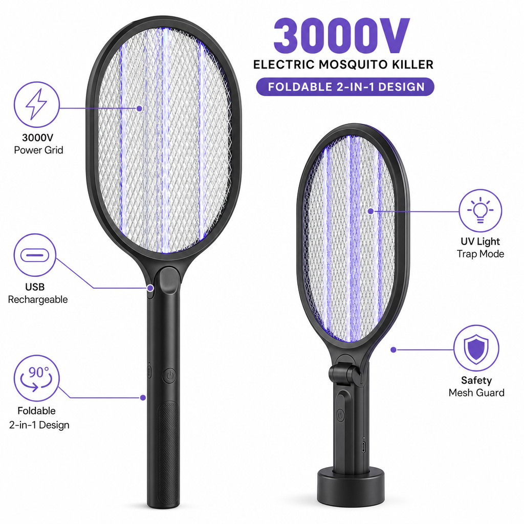 Electric mosquito killer 3000V foldable bug zapper infographic - features and design