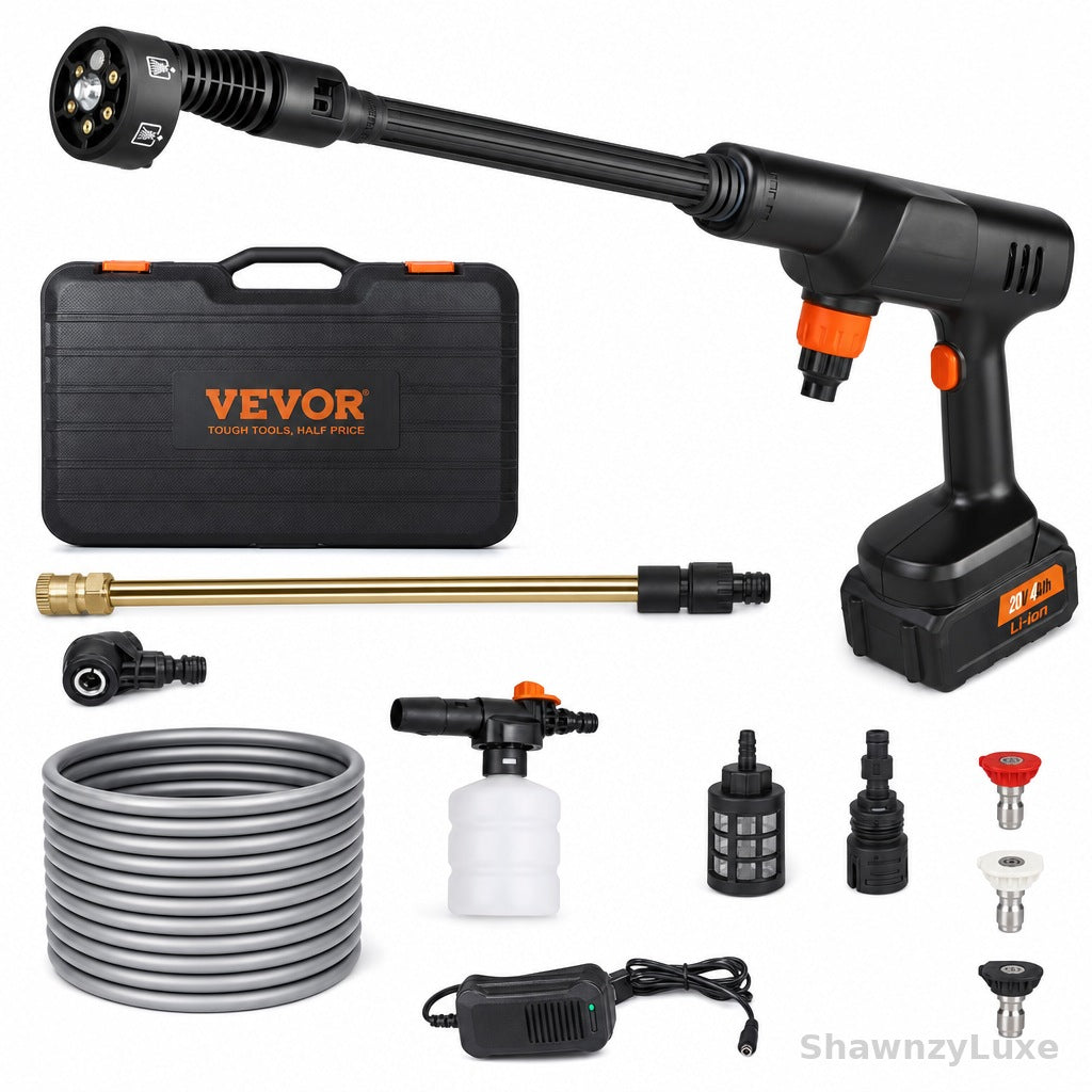 Battery powered pressure washer cleaning car exterior