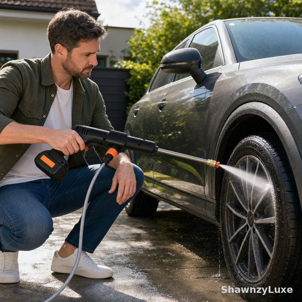 Portable cordless power washer with 6-in-1 nozzle attachment