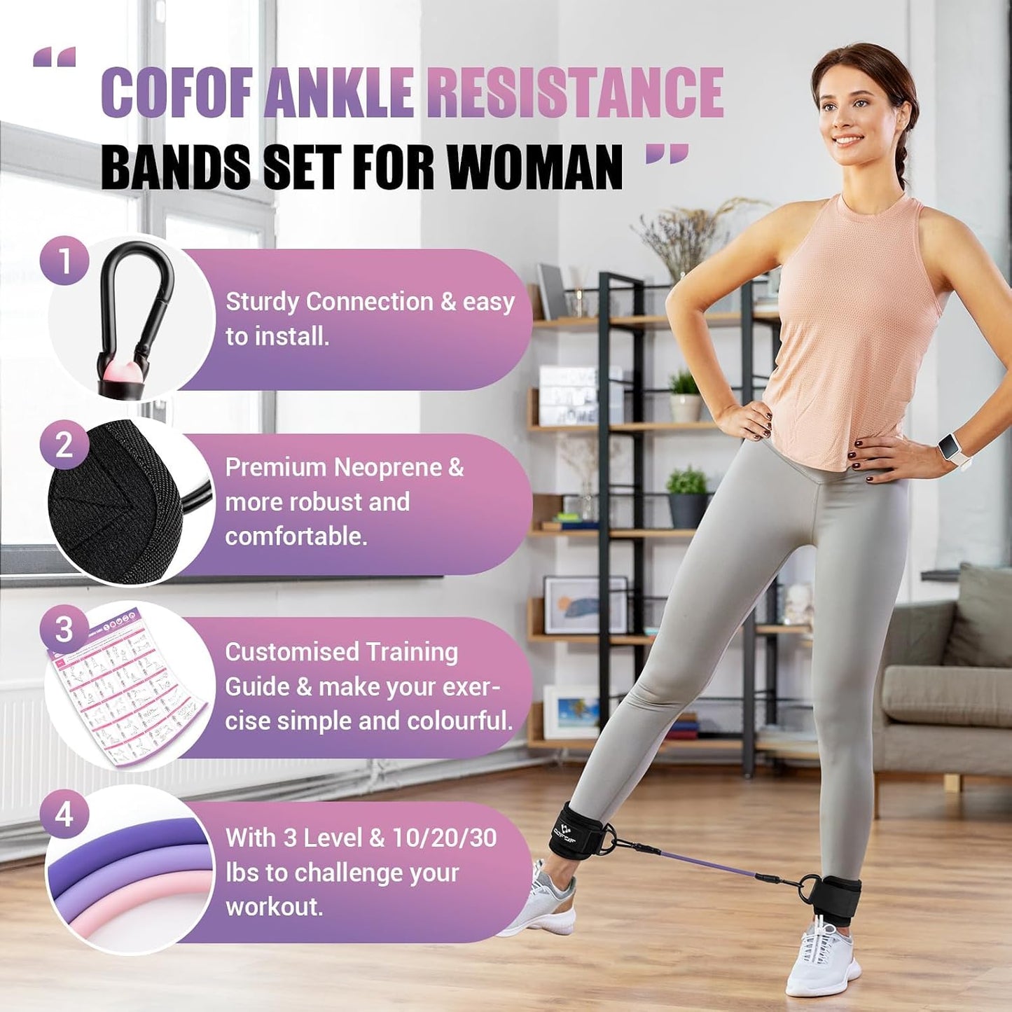Three natural latex resistance bands with ankle straps