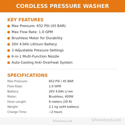 Cordless pressure washer features infographic - 400 PSI 6-in-1 nozzle