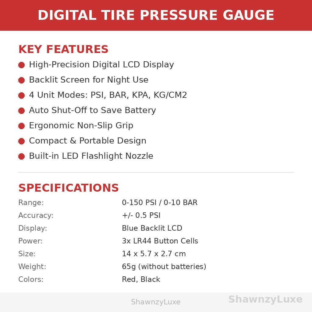 Tire pressure gauge specifications infographic - 150 PSI 4 units