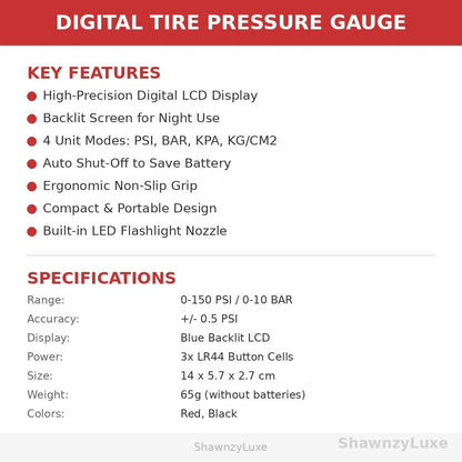 Tire pressure gauge specifications infographic - 150 PSI 4 units