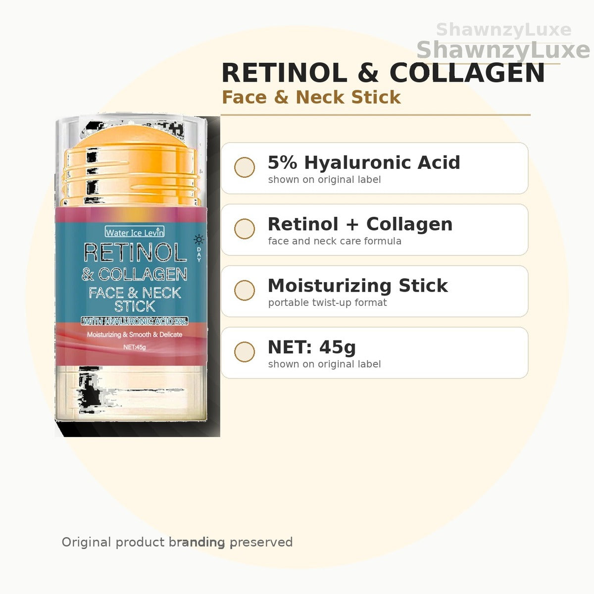 Retinol collagen stick infographic - key benefits and features