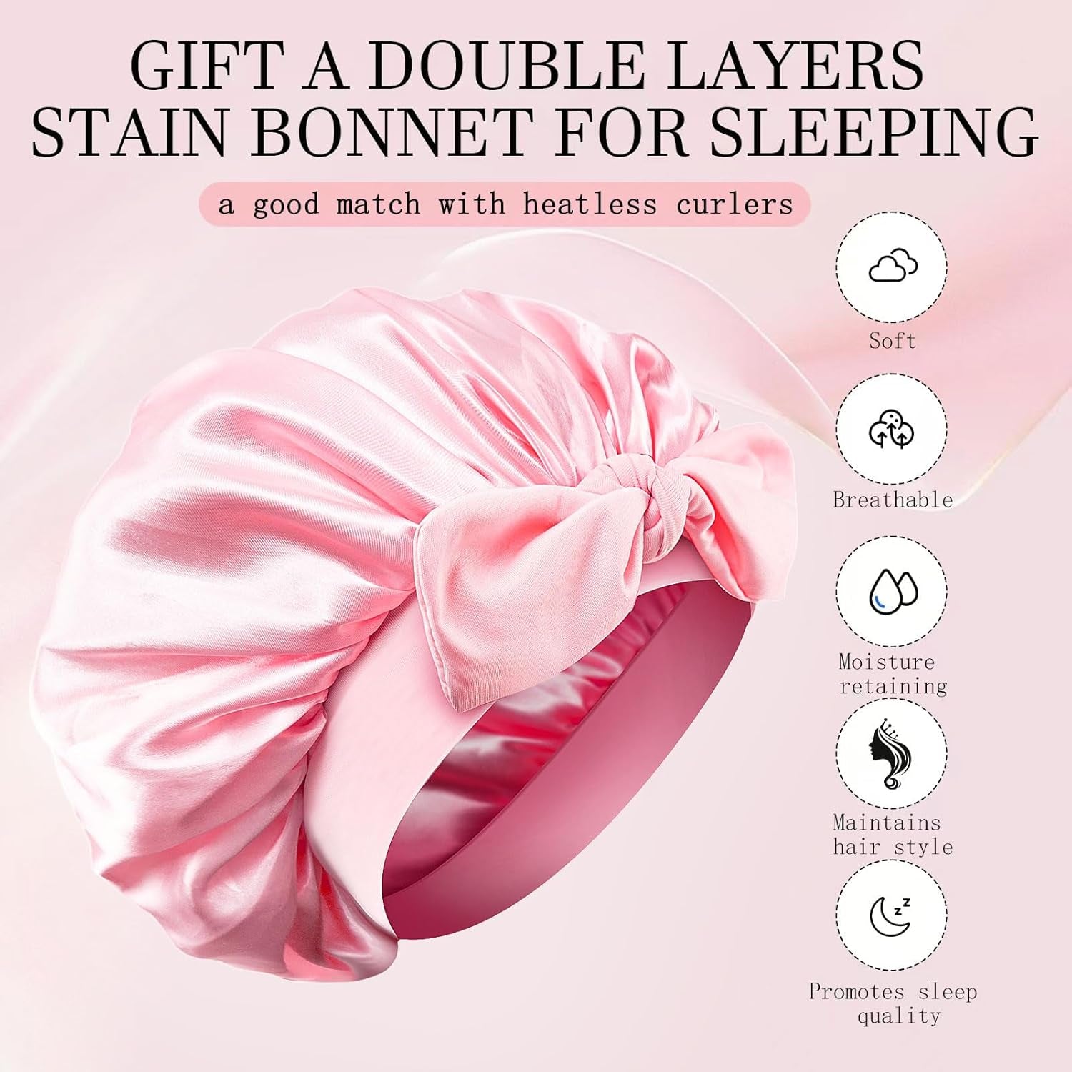 Heatless curling rod, flannel hair ties, claw clip and satin bonnet laid out