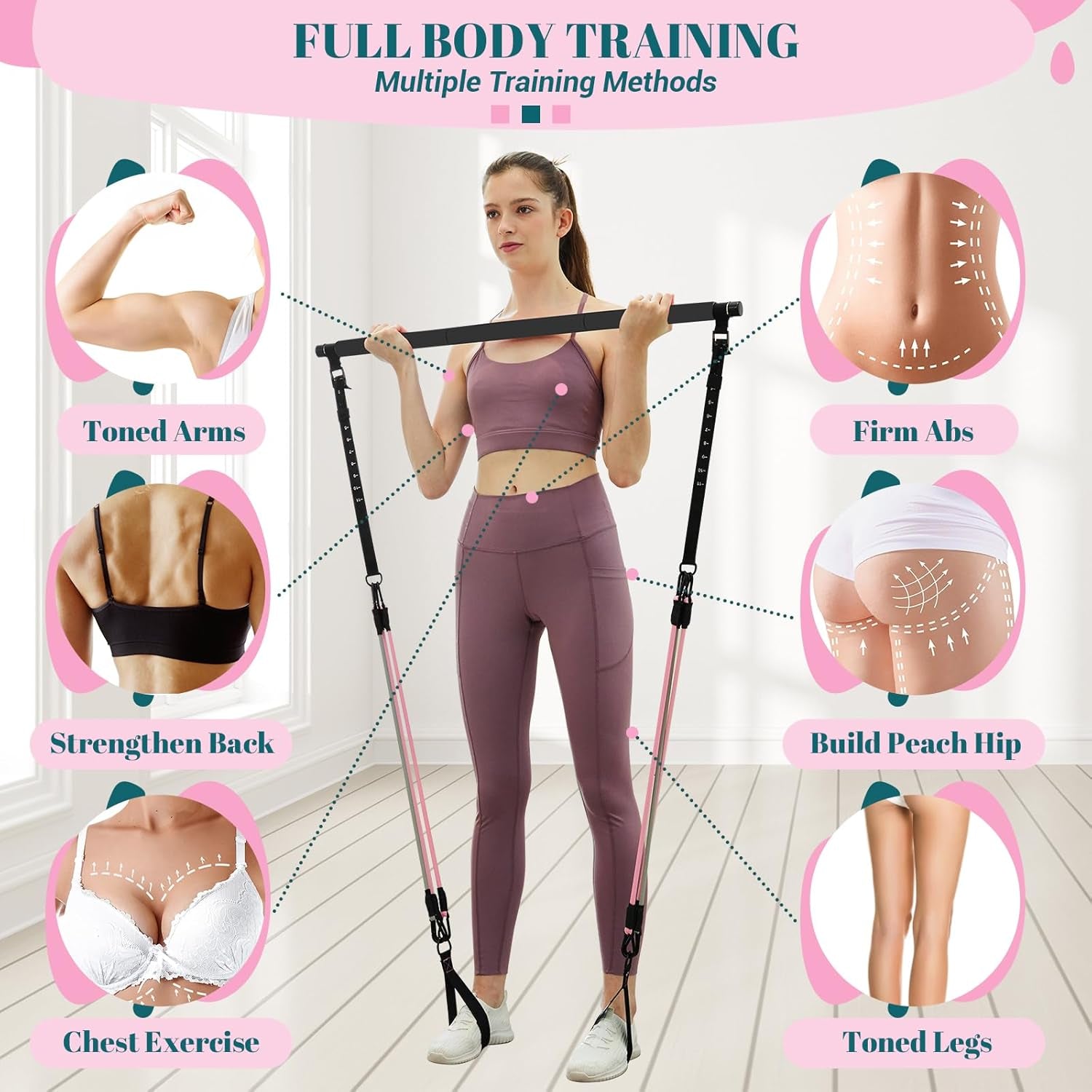Pilates bar kit accessories displayed on a light background