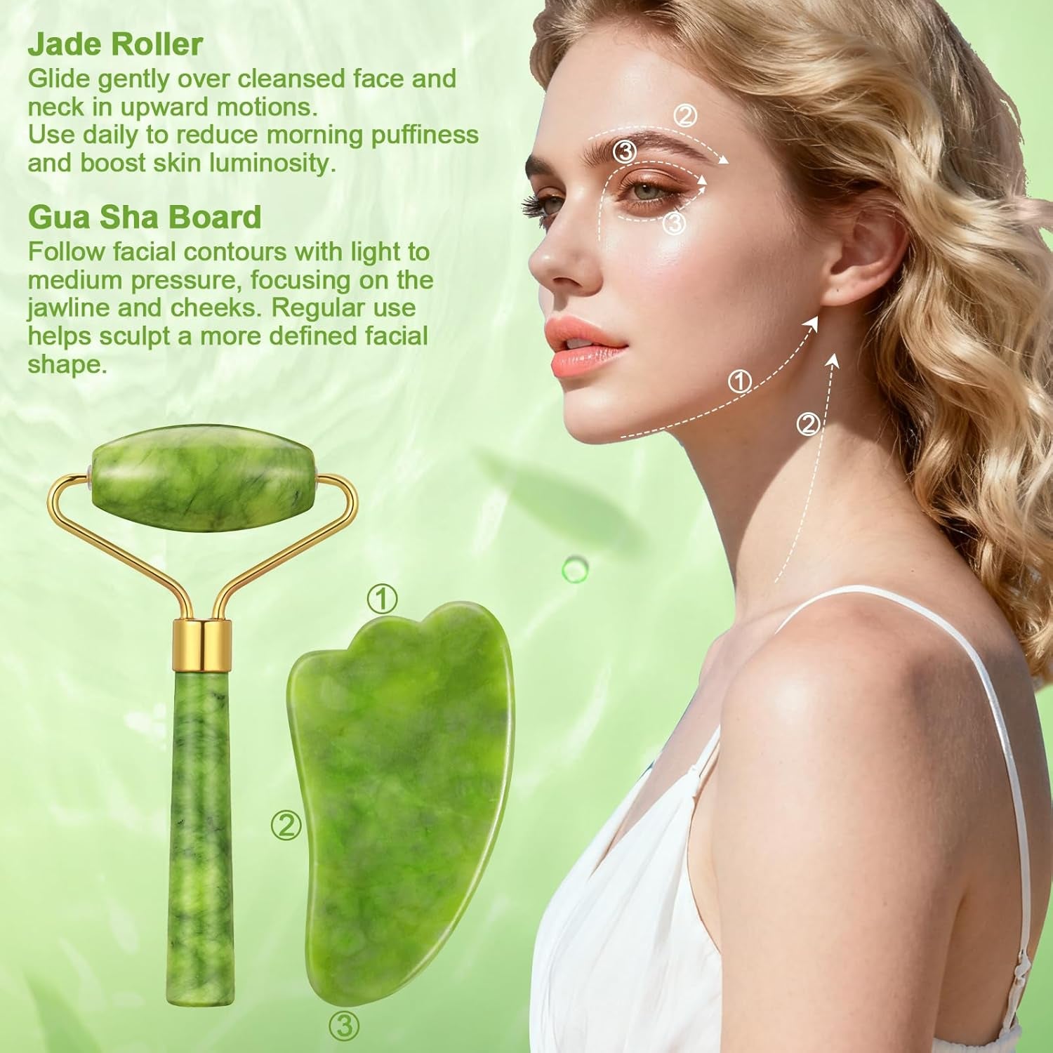 Jade facial roller gliding under the eye area to reduce puffiness