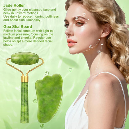 Jade facial roller gliding under the eye area to reduce puffiness