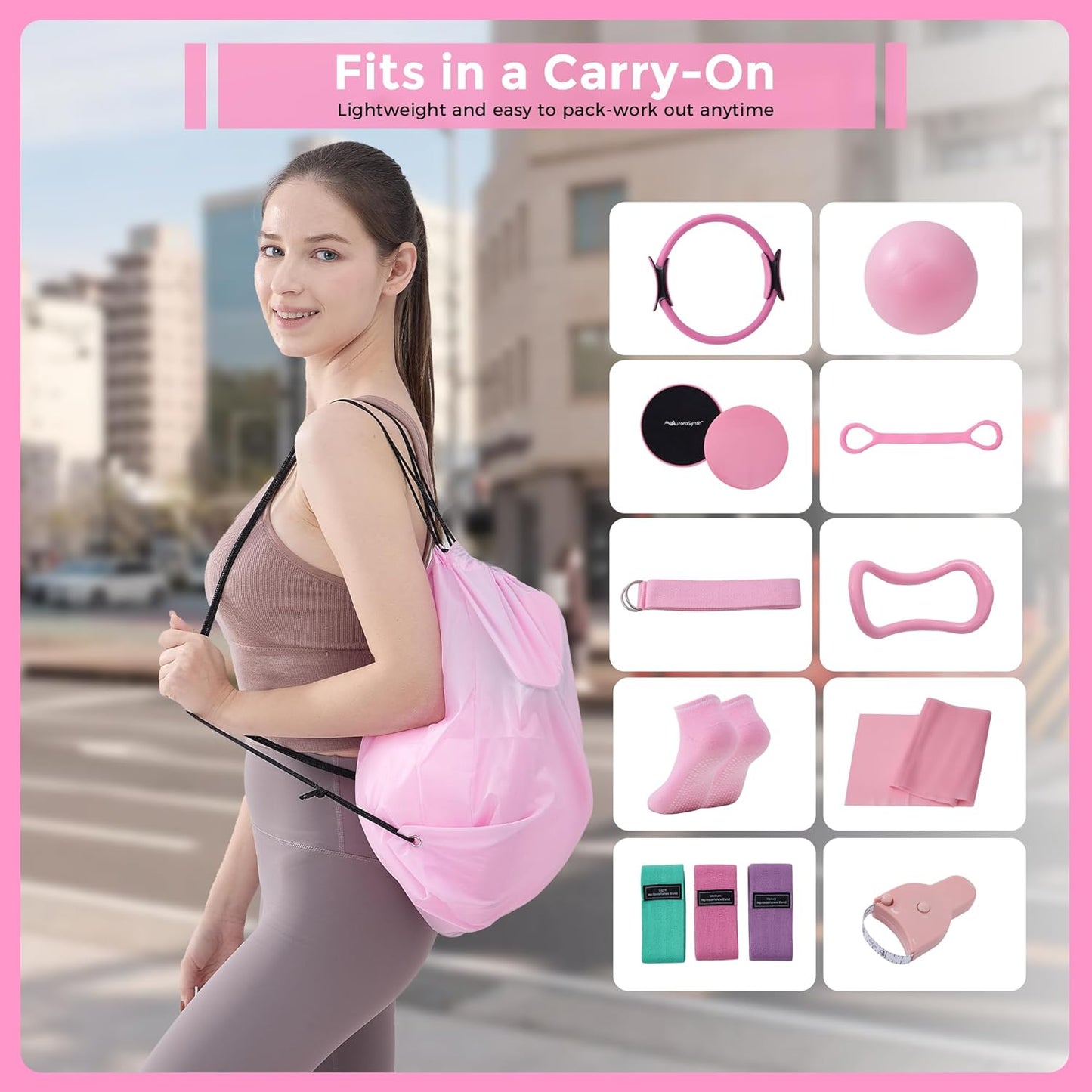 Home Pilates accessories organized inside storage bag