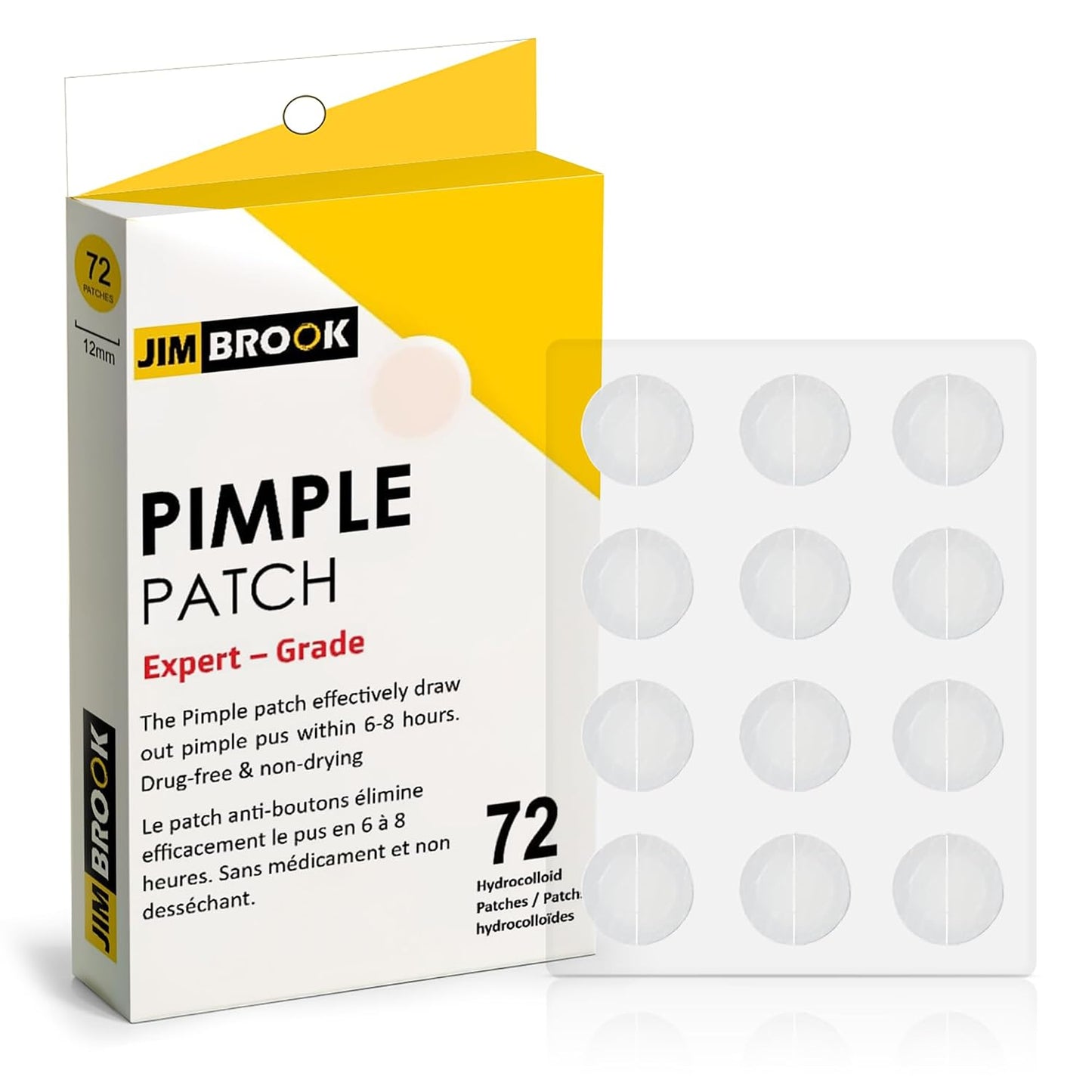 JIMBROOK hydrocolloid pimple patches 72-count box with visible acne patch sheet