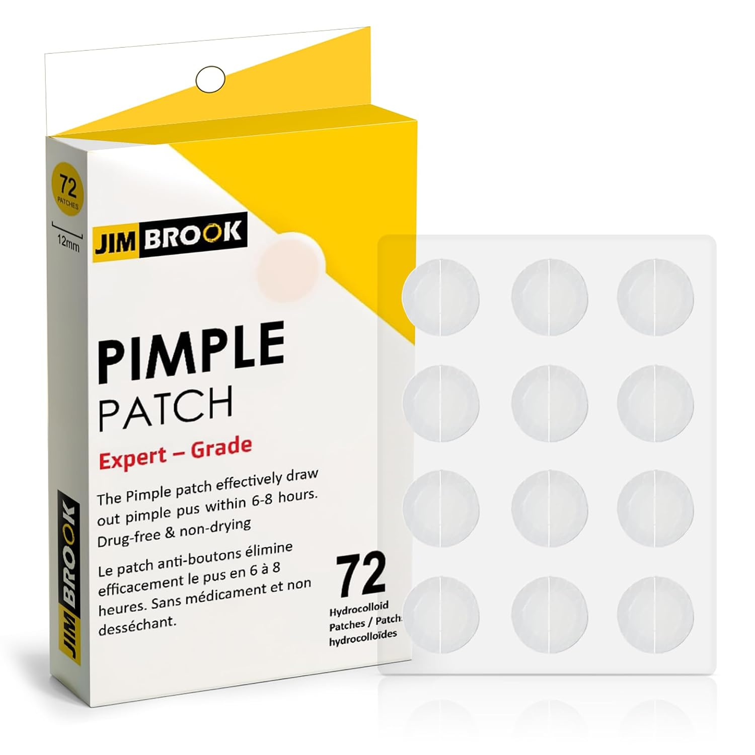 JIMBROOK hydrocolloid pimple patches 72-count box with visible acne patch sheet