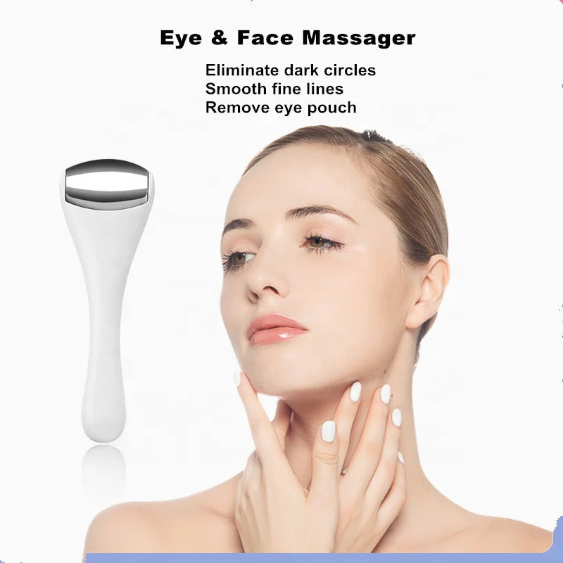 Ice face roller rolling across the forehead to ease tension