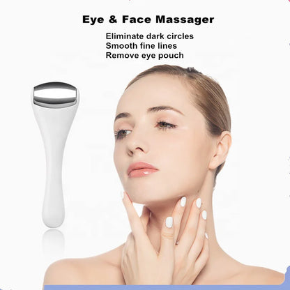 Ice face roller rolling across the forehead to ease tension