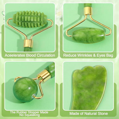 Jade gua sha stone sculpting along the jawline and neck