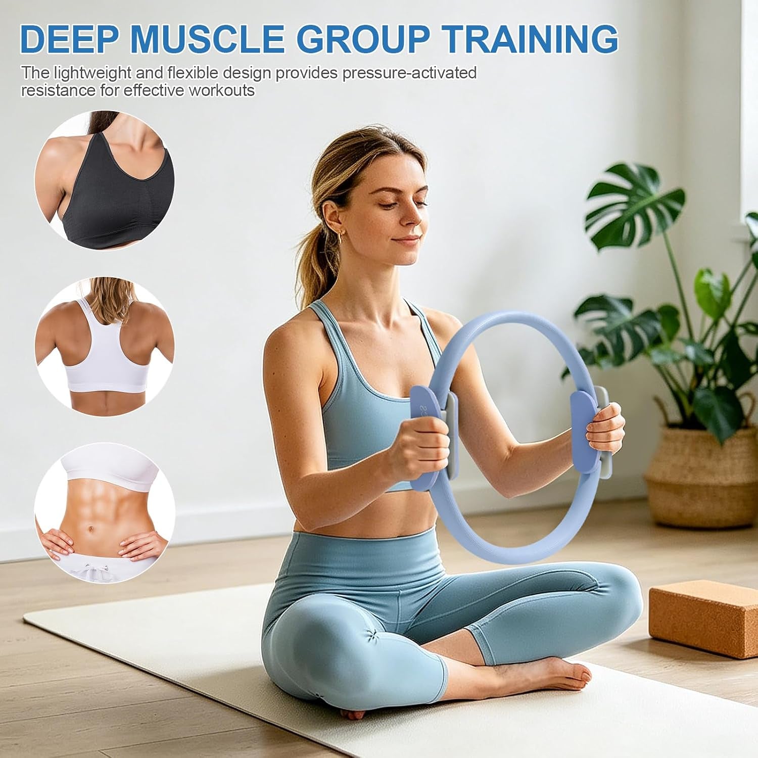 Blue fitness circle used during a home mat workout
