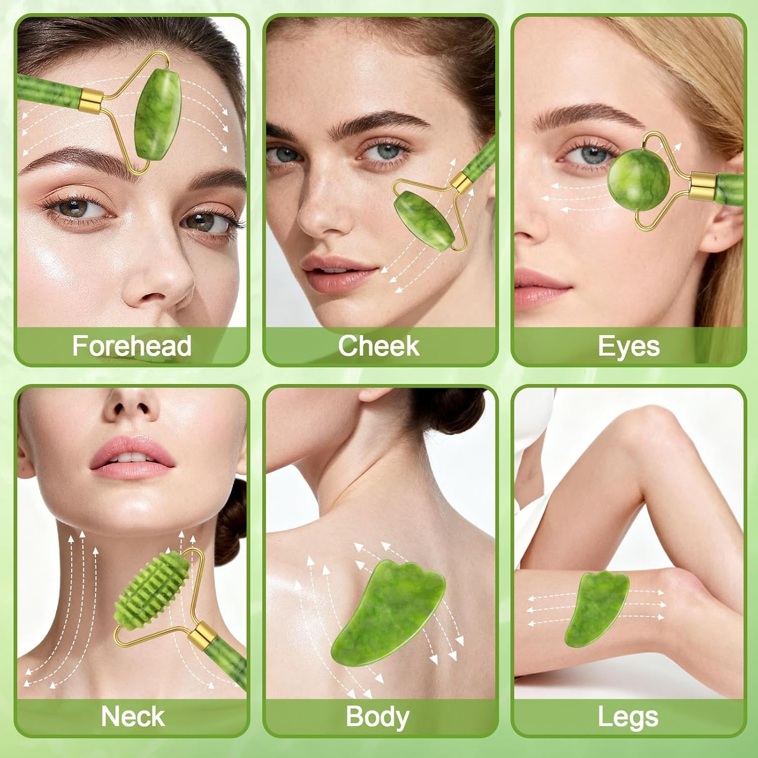 Green jade face roller being used to massage the cheek for de-puffing