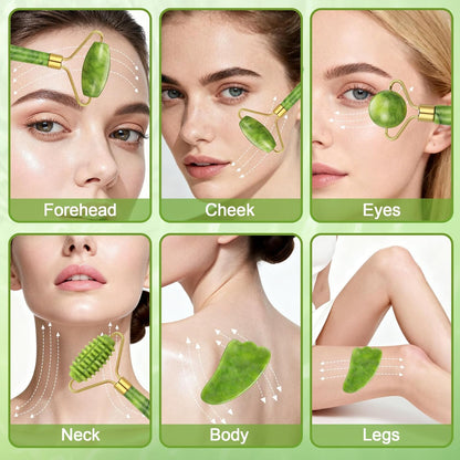 Green jade face roller being used to massage the cheek for de-puffing