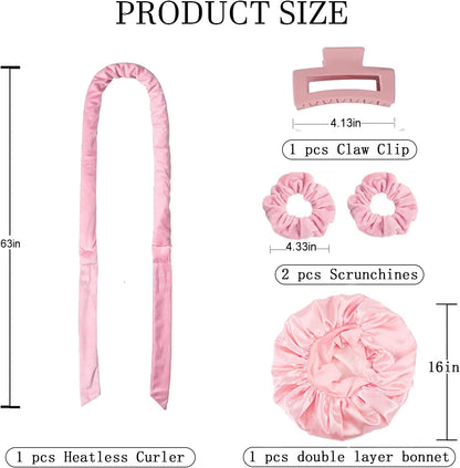 Woman wrapping hair around the pink heatless curling rod