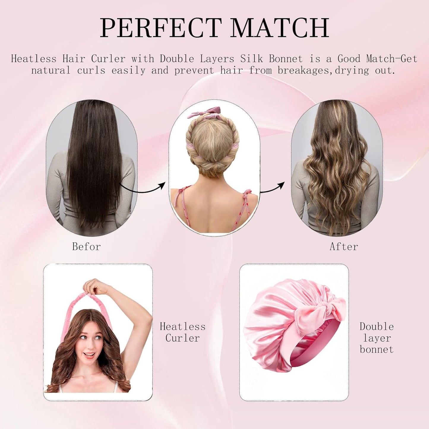 Double-layer satin sleep bonnet worn over heatless curlers