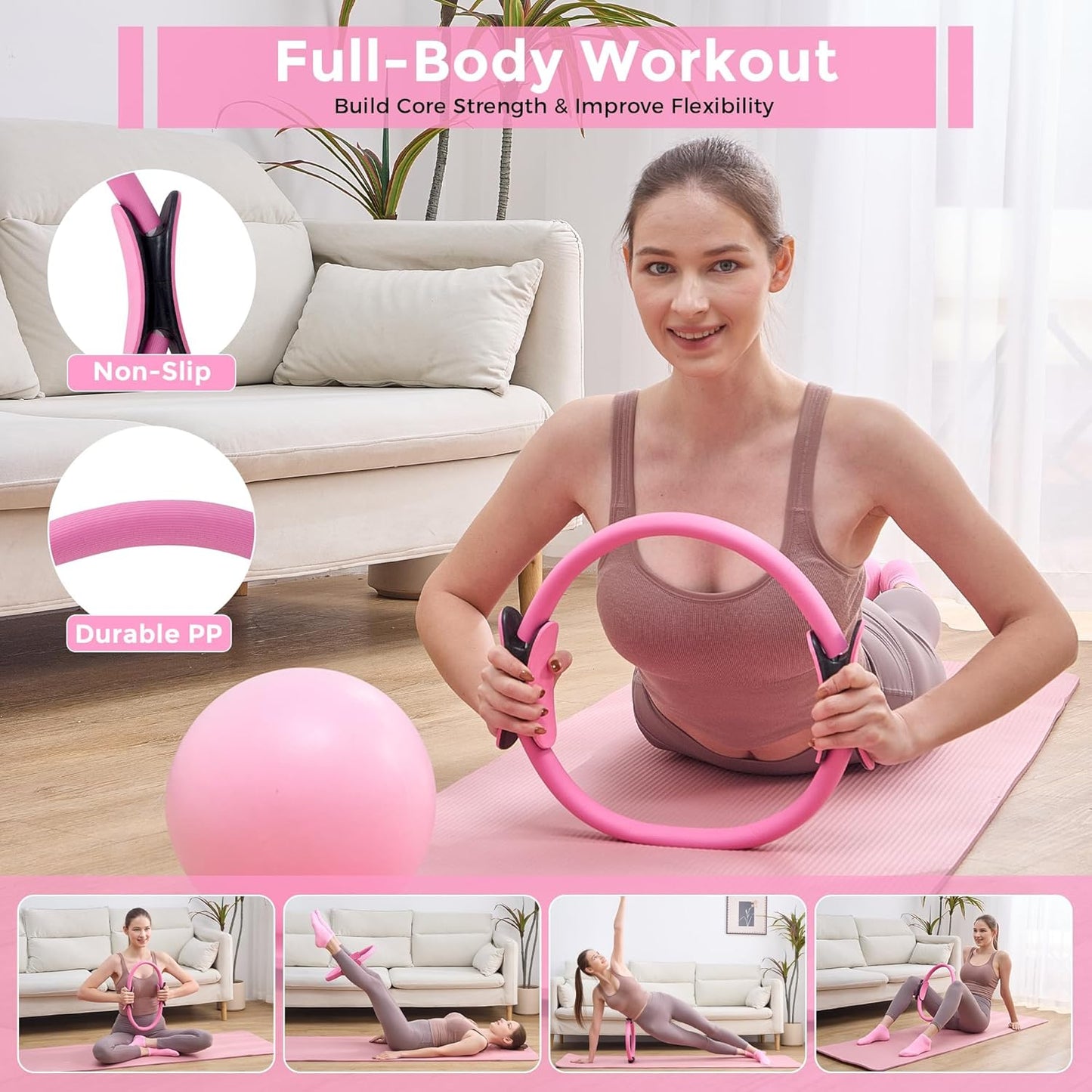 Pink Pilates ring, ball, bands, weights, and sliders arranged together