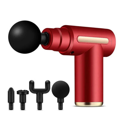 Red portable mini massage gun shown with massage head attachments