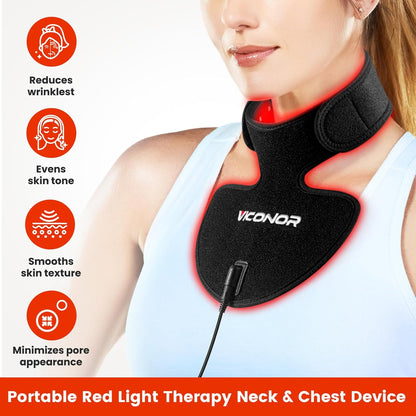 Red light therapy device positioned against the neck