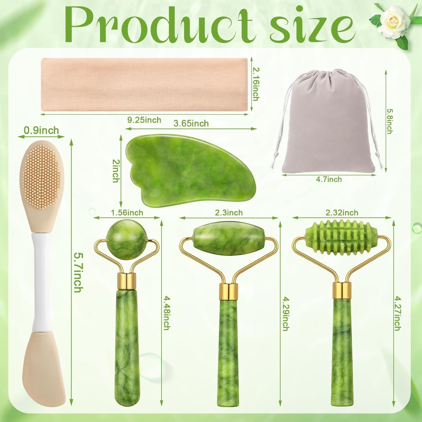 Close-up of the natural dark green stone facial roller and gua sha tools