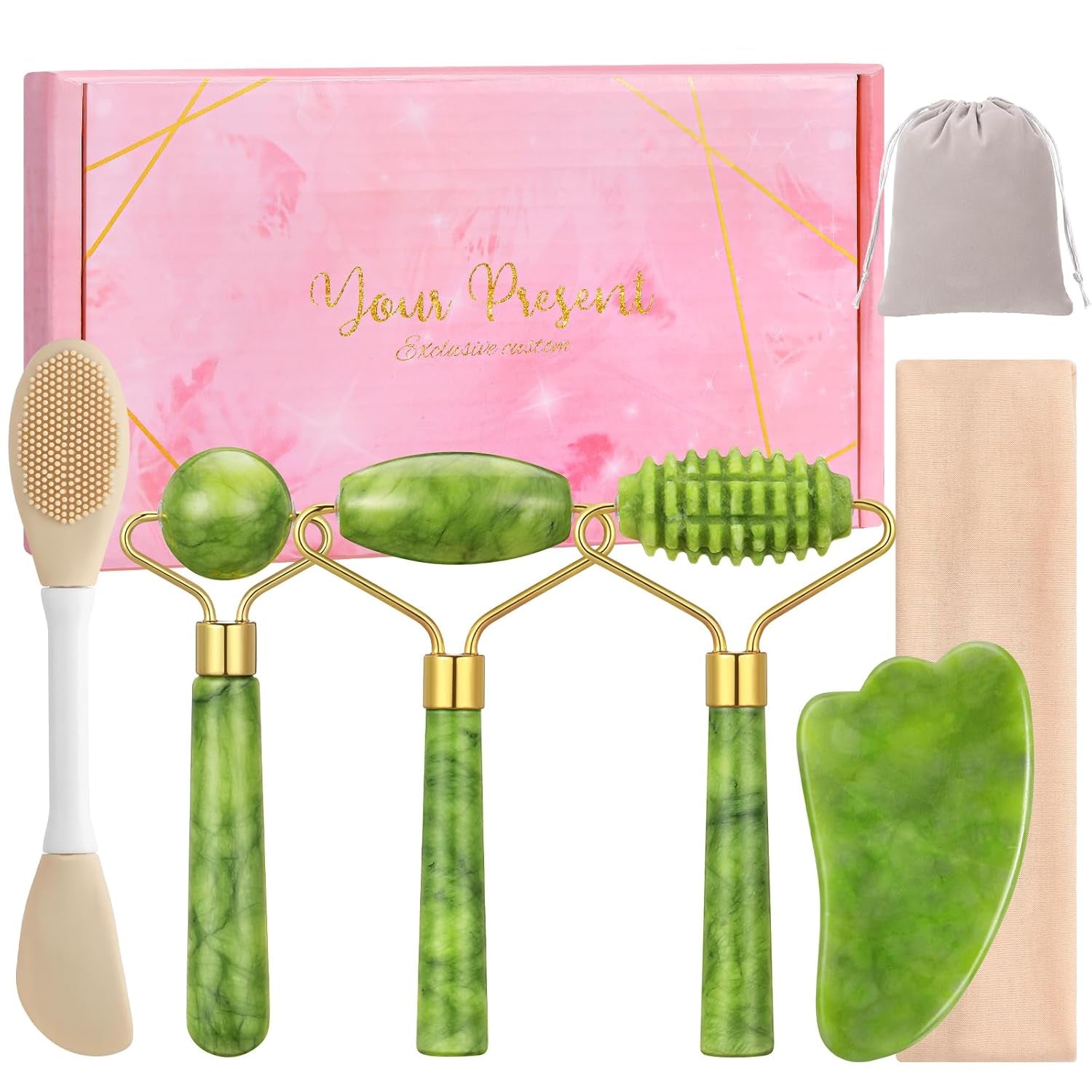 6-piece jade roller and gua sha facial tool set laid out on a light background
