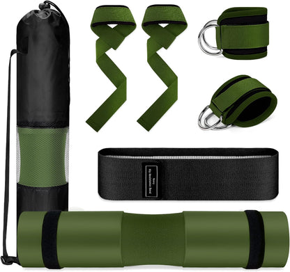 Green seven-piece barbell pad and gym accessory set