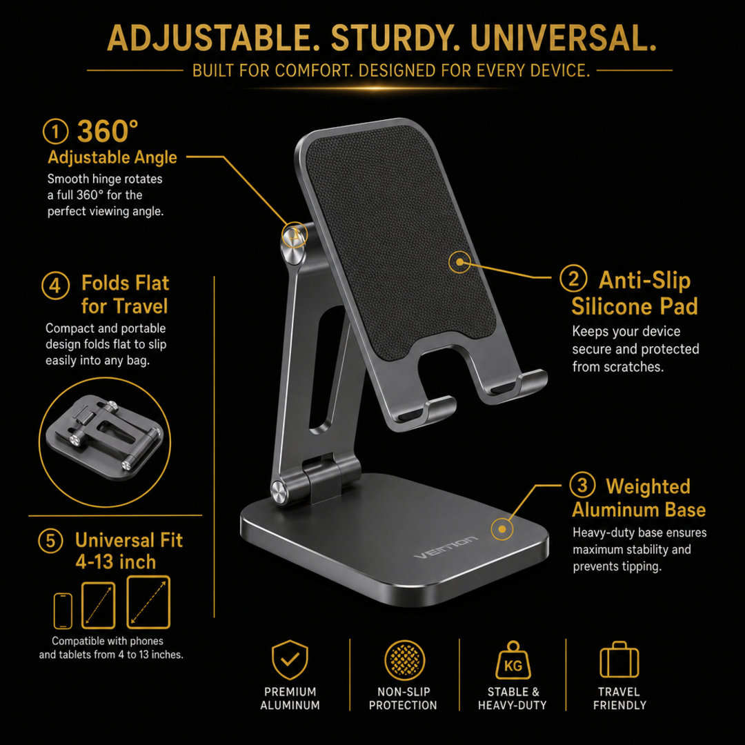 Adjustable aluminum phone and tablet stand - front view with phone