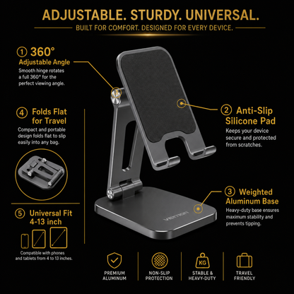 Adjustable aluminum phone and tablet stand - front view with phone