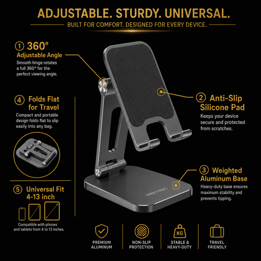Adjustable aluminum phone and tablet stand - front view with phone