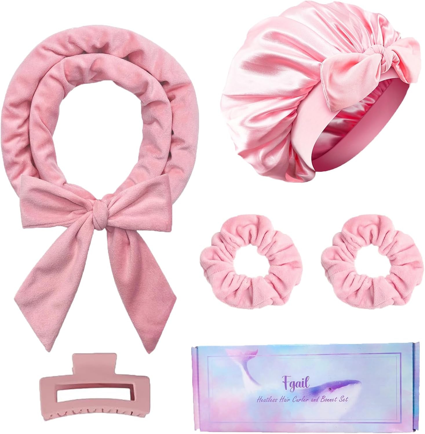 Pink heatless curling rod set with silk satin sleep bonnet