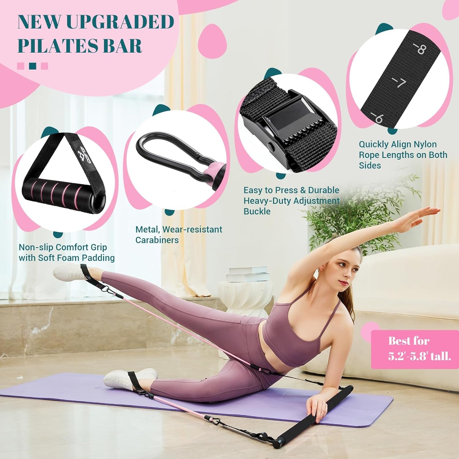 Steel Pilates bar with handles, foot straps, and door anchor