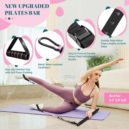 Steel Pilates bar with handles, foot straps, and door anchor