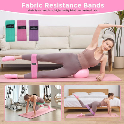 Fabric resistance bands included in rose pink Pilates kit