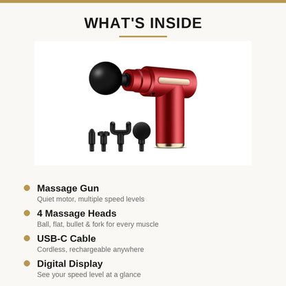 What's inside infographic: mini massage gun, 4 heads, USB-C cable, digital display