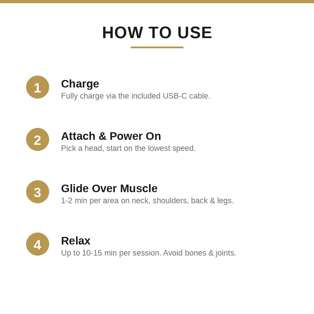 How to use infographic: charge, attach and power on, glide over muscle, relax