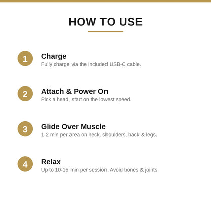 How to use infographic: charge, attach and power on, glide over muscle, relax