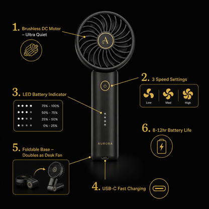 Premium mini handheld fan features and specs infographic