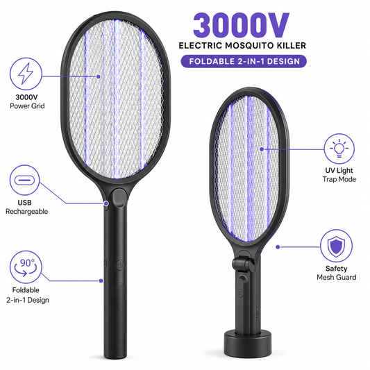 Electric mosquito killer 3000V foldable bug zapper infographic - features and design